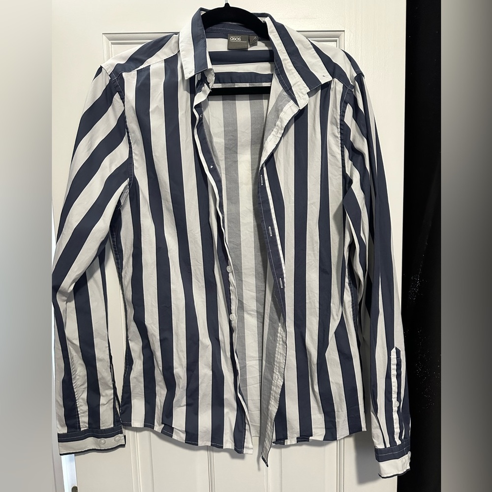 ASOS casual button long sleeve shirt in white/blue stripes